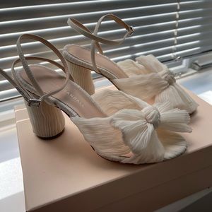 Loeffler Randall camelia knot mule with ankle strap in pearl, size 6.5